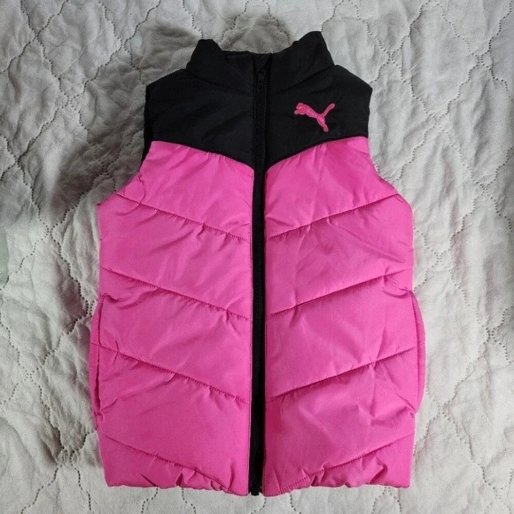 Puma pink black puffer vest winter sleeveless snow vest girls size xxs 3-4